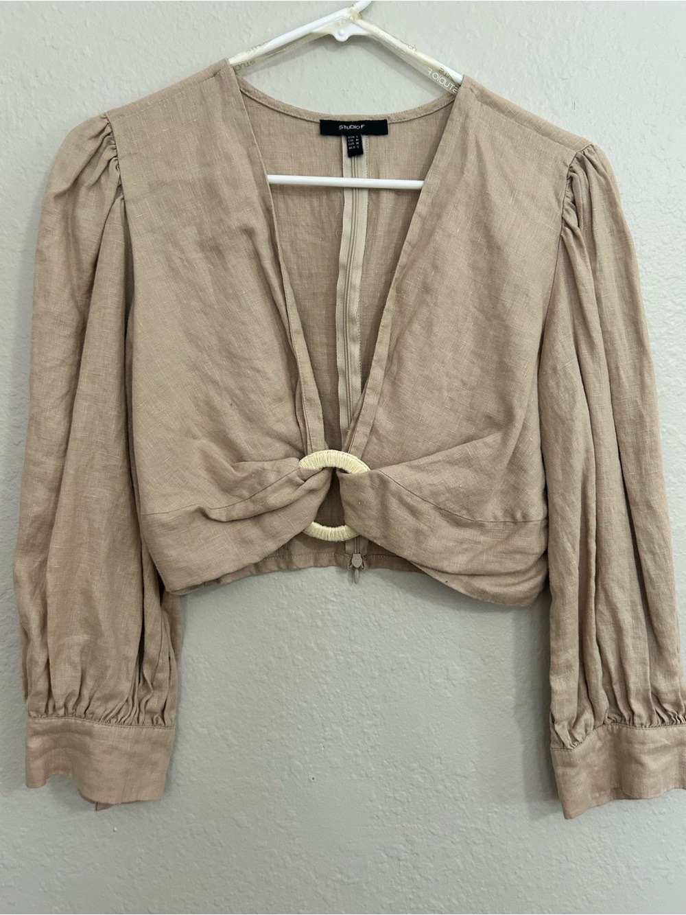 Studio F - Taupe Cropped Twist-Front Top with Ring Detail